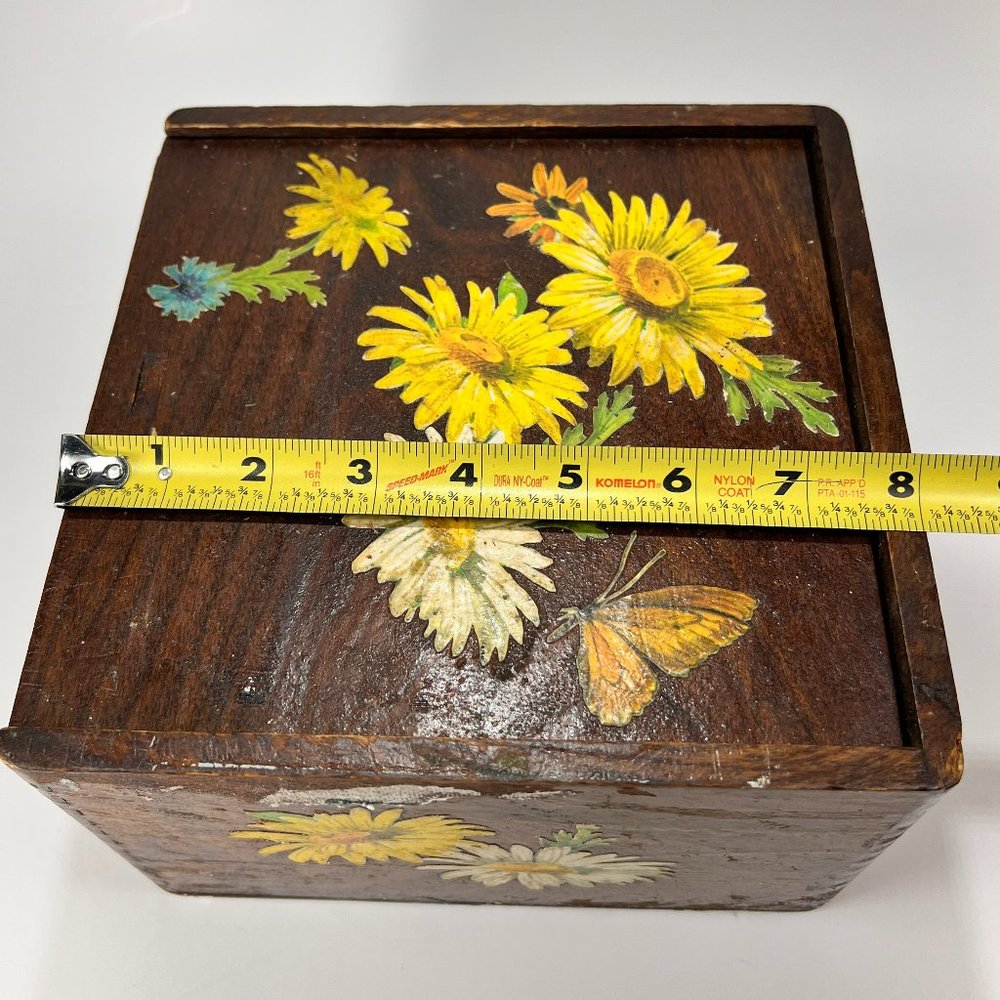 Vtg Handcrafted Finger Joint Wood Floral Recipe Box With Recipes Farmhouse - Picture 16 of 16